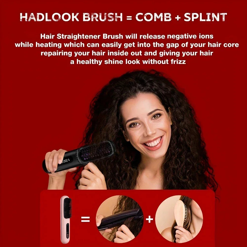 Hair Straightener Brush for Travel with Negative Ion Type-C Charging 2000mAh Battery Frizz-Free Shine Smooth hair