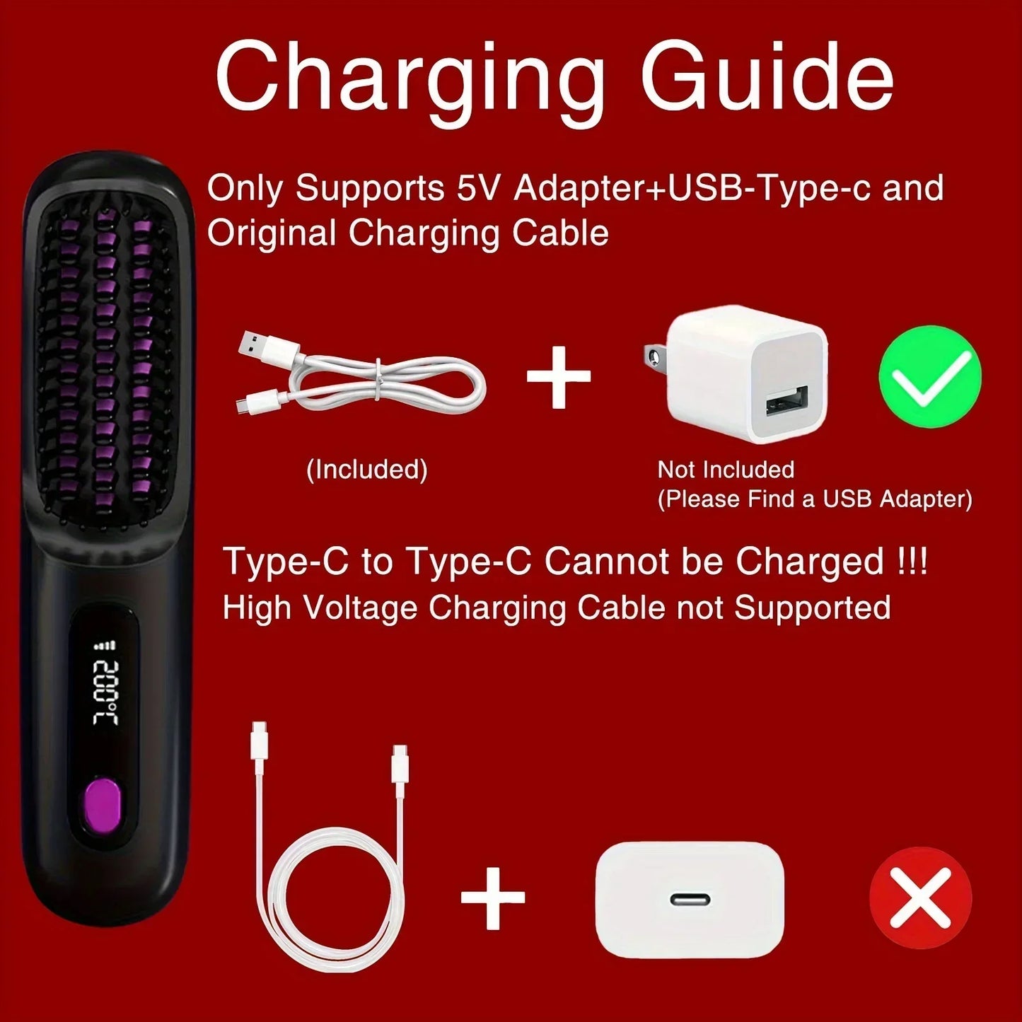 Hair Straightener Brush for Travel with Negative Ion Type-C Charging 2000mAh Battery Frizz-Free Shine Smooth hair