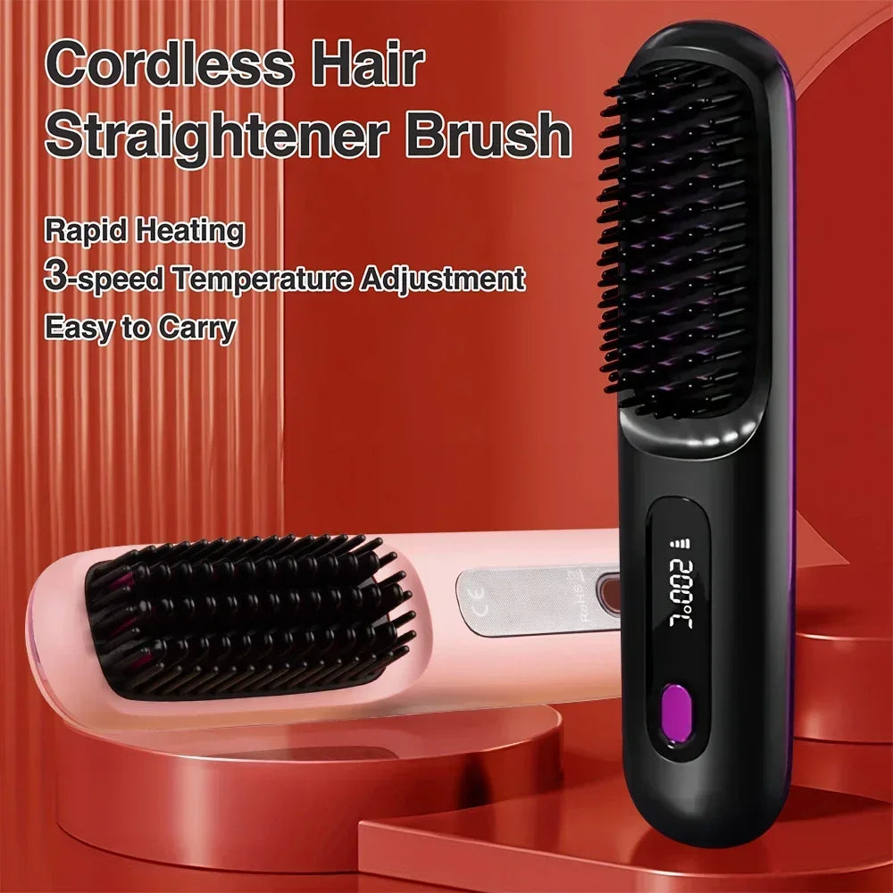 Hair Straightener Brush for Travel with Negative Ion Type-C Charging 2000mAh Battery Frizz-Free Shine Smooth hair