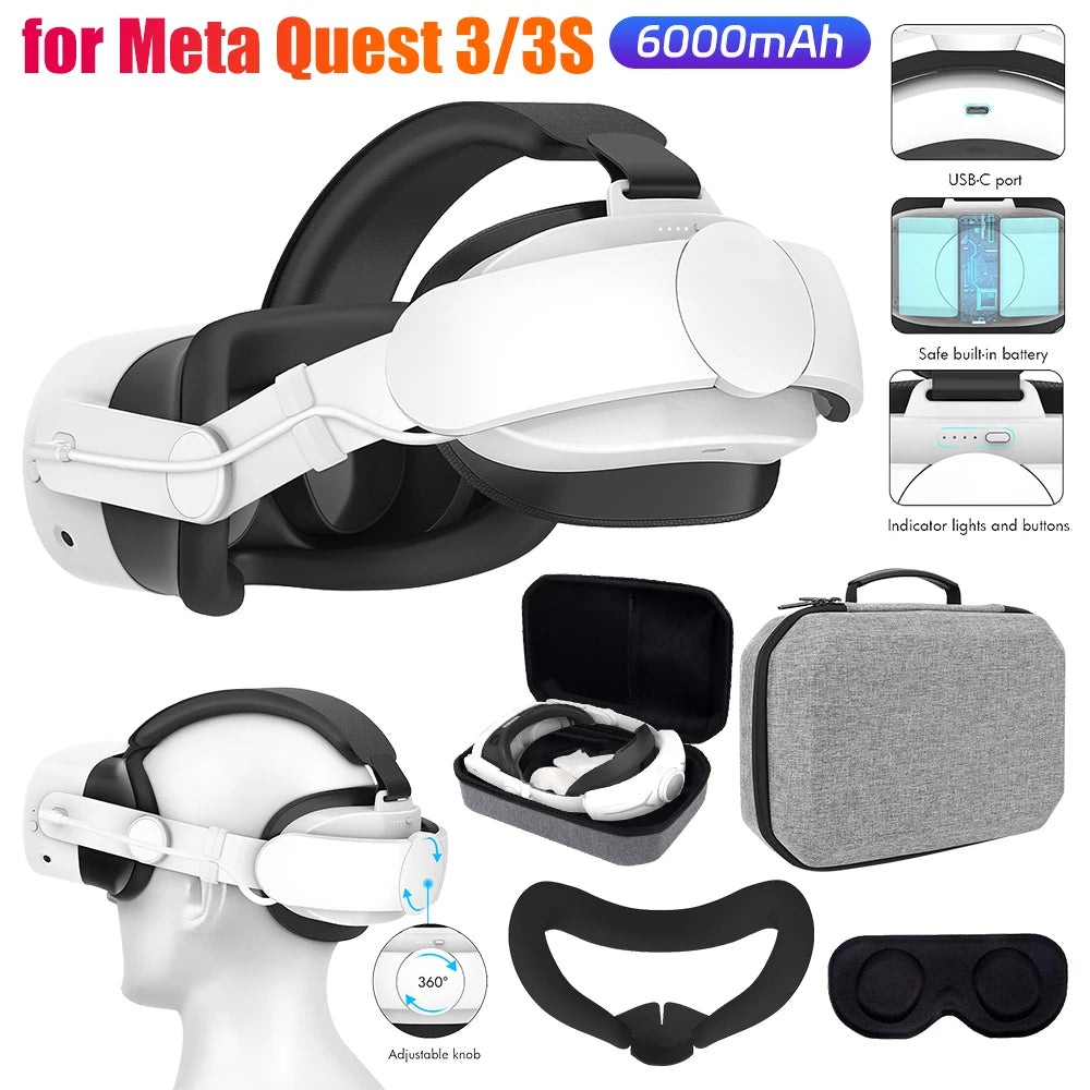 Adjustable Head Strap 6000mAh Battery Replacement Head Strap Enhanced Support and Balance Head Strap Battery for Meta Quest 3S/3