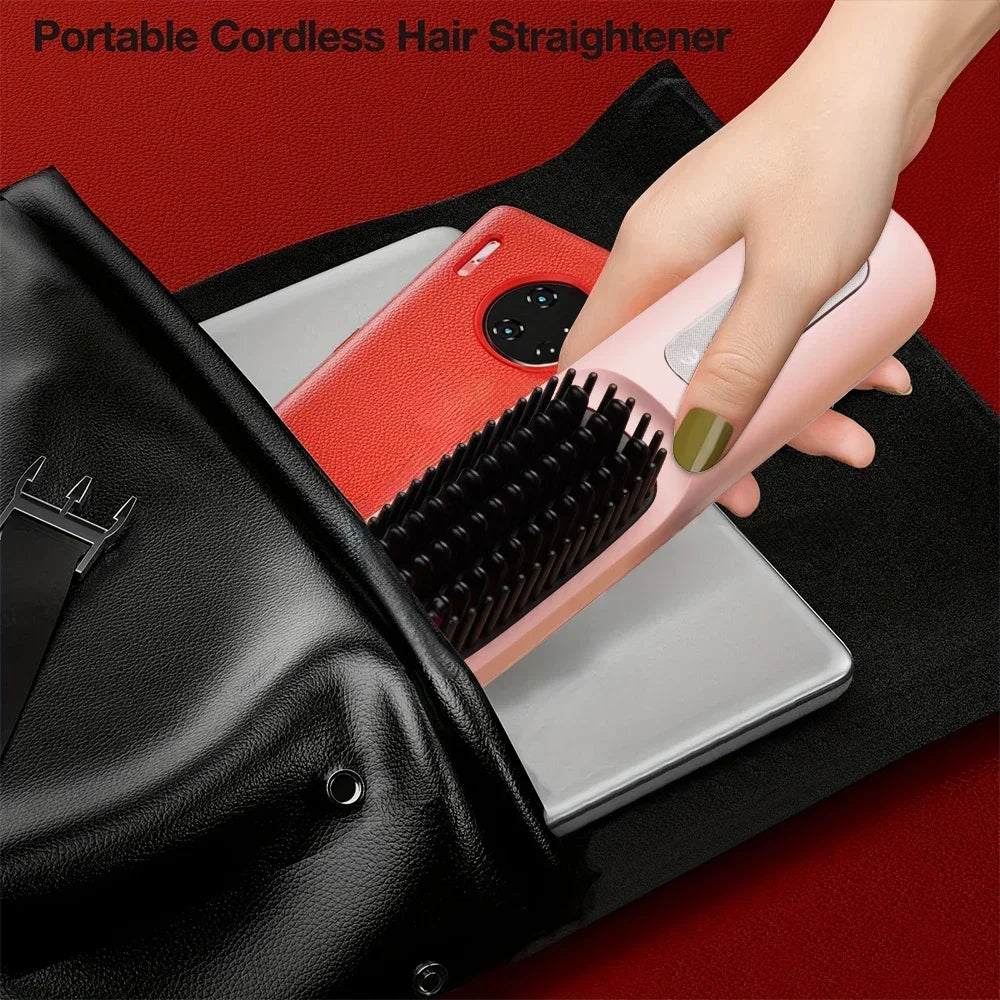 Hair Straightener Brush for Travel with Negative Ion Type-C Charging 2000mAh Battery Frizz-Free Shine Smooth hair