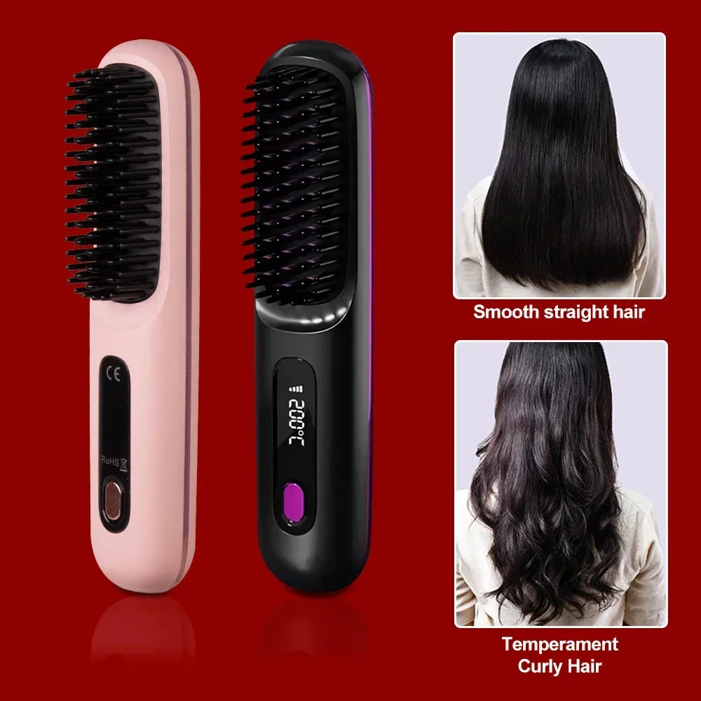 Hair Straightener Brush for Travel with Negative Ion Type-C Charging 2000mAh Battery Frizz-Free Shine Smooth hair